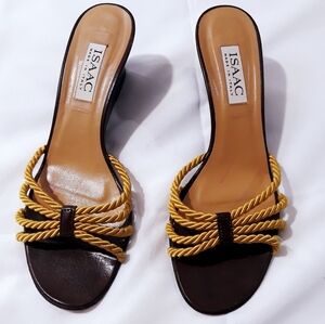 Isaac Sandals Made in Italy Brown and Gold With Rope Design Wedge Shoes 8 1/2